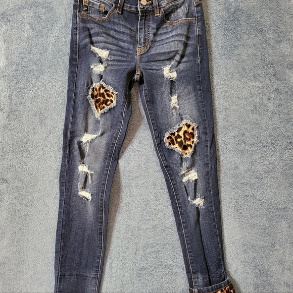 KanCan Denim - Kancan Jeans Women's 5/26 Leopard Print Cuff KC8191D Skinny Holy Distressed Blue